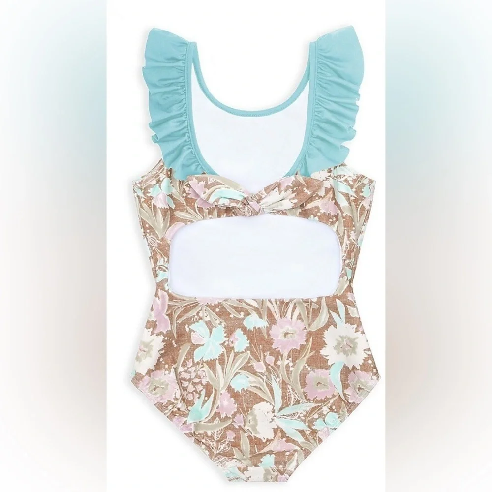 Girls Floral Ruffle One-Piece Swimsuit - Mint & Blush